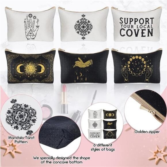 6 Pieces Gothic Moon Witch Tarot Toiletry Makeup Bags Zippered Cosmetics Bag - Picture 3 of 7